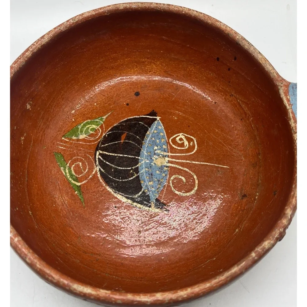 Vintage HECHO EN MEXICO Redware Pottery‎ Serving Bowl Hand-made Painted